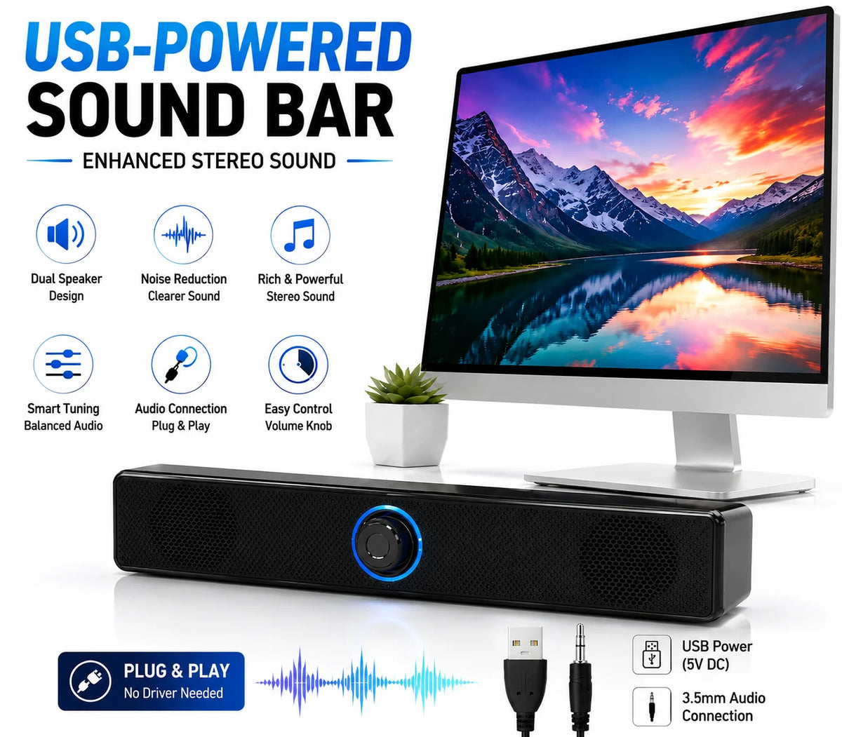 Compact Desktop Soundbar – Stereo Speaker for Monitor PC & Gaming