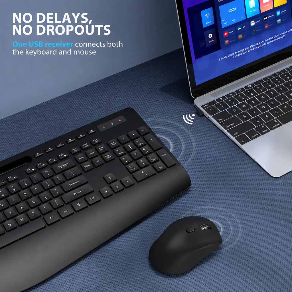 Wireless Keyboard & Mouse Combo – Built-In Phone & Tablet Stand