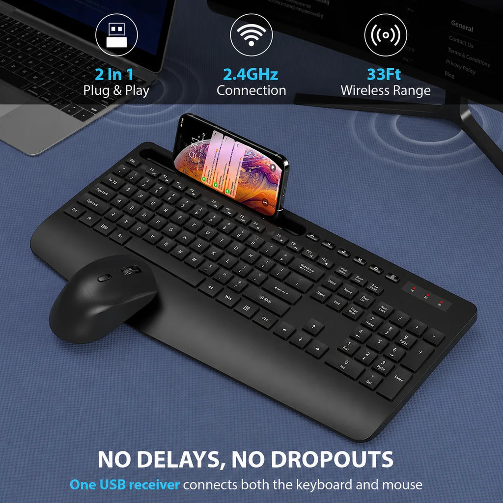 Wireless Keyboard & Mouse Combo – Built-In Phone & Tablet Stand
