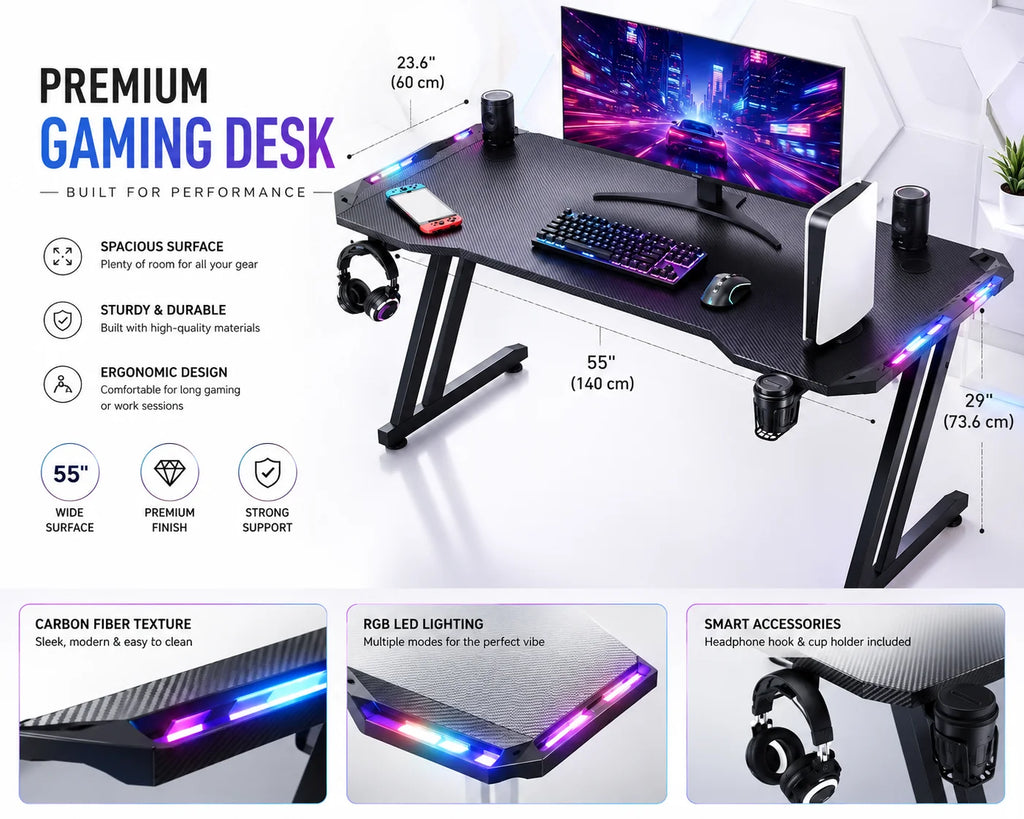 RGB Gaming Desk – Carbon Fiber Computer Desk with Accessories
