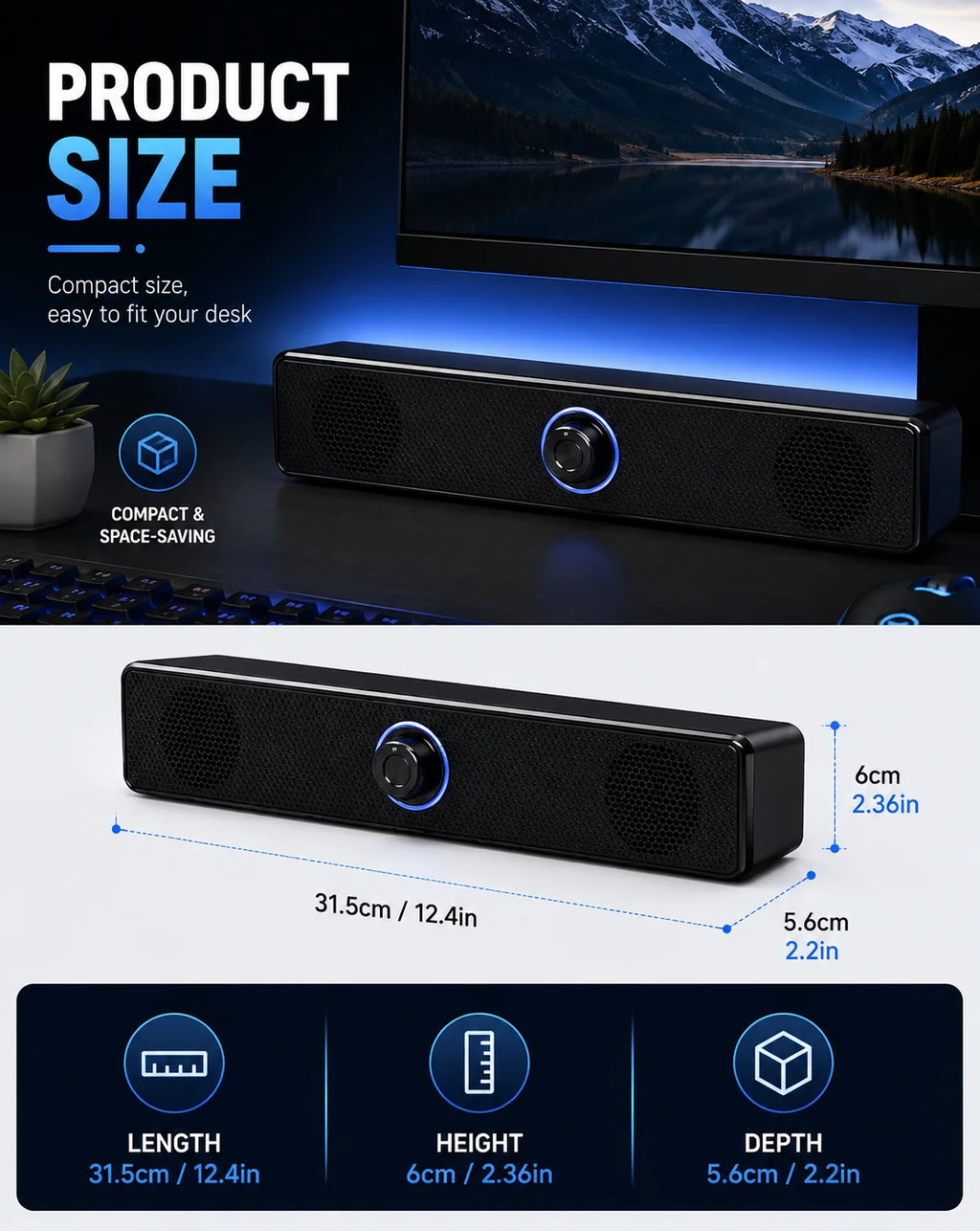Compact Desktop Soundbar – Stereo Speaker for Monitor PC & Gaming