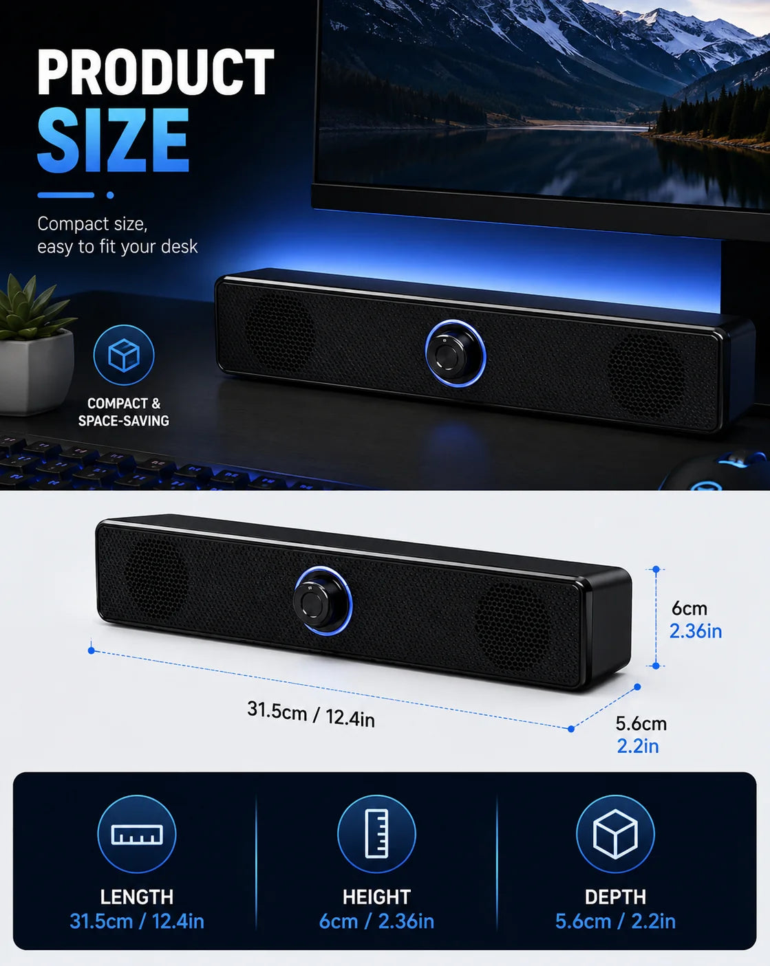 Compact Desktop Soundbar – Stereo Speaker for Monitor PC & Gaming