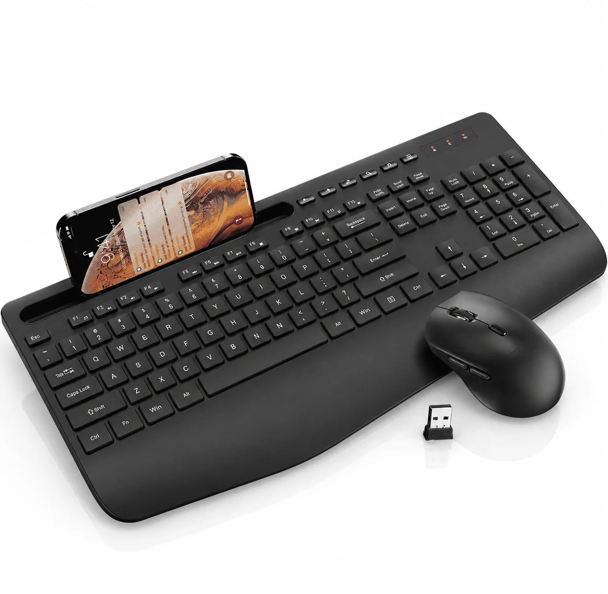 Wireless Keyboard & Mouse Combo – Built-In Phone & Tablet Stand
