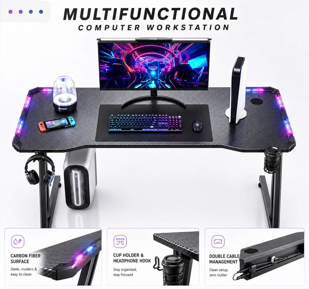 RGB Gaming Desk – Carbon Fiber Computer Desk with Accessories