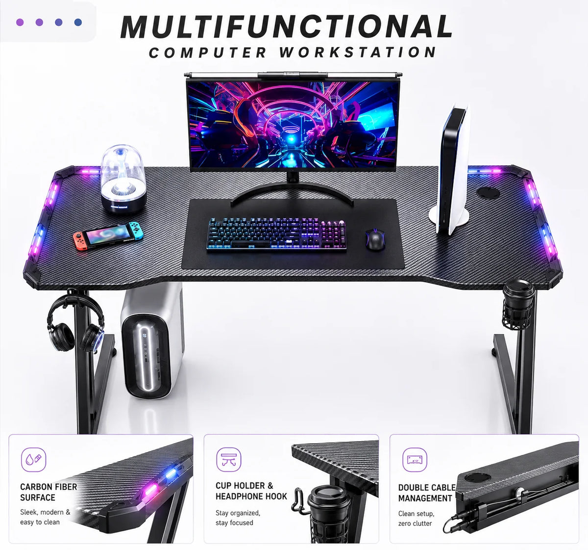 RGB Gaming Desk – Carbon Fiber Computer Desk with Accessories