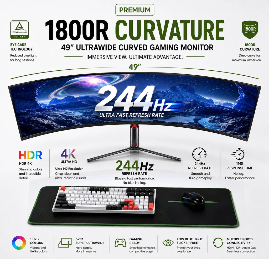 49"UltraWide 4K Curved Gaming Monitor – Immersive 1800R Display -244Hz