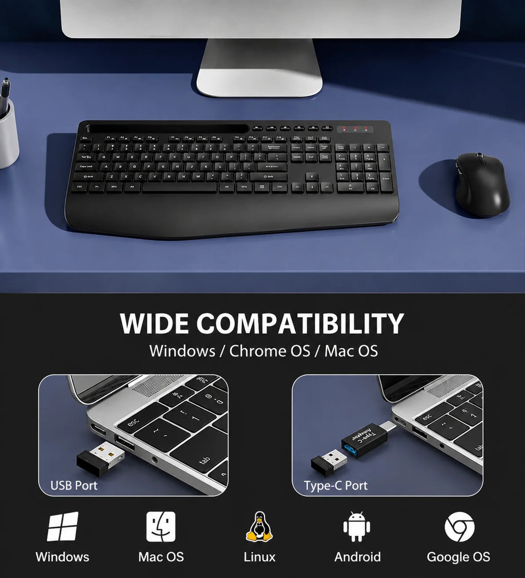 Wireless Keyboard & Mouse Combo – Built-In Phone & Tablet Stand